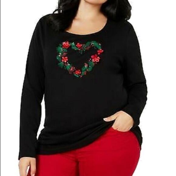 Karen Scott Womens Plus Holiday Embroidered Blouse-1X - Picture 1 of 4